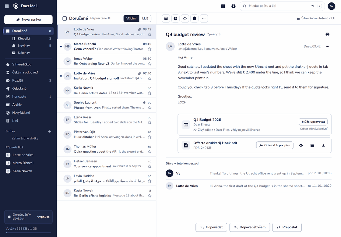Dazr Mail s otevřenou konverzací: tři zprávy o kontrole rozpočtu, živá tabulka z Dazr Files a PDF