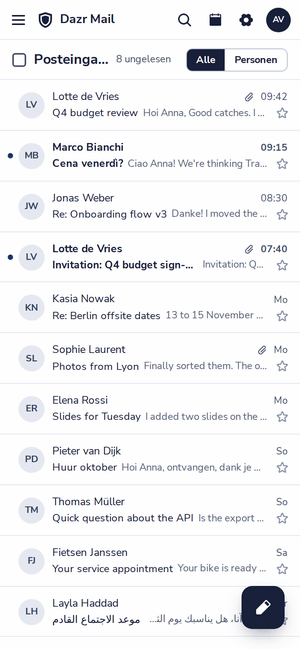 Der Posteingang von Dazr Mail auf einem Smartphone