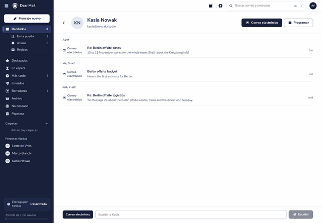 Una página de persona en Dazr Mail: correos y una invitación con un compañero, con botones para escribir y planificar
