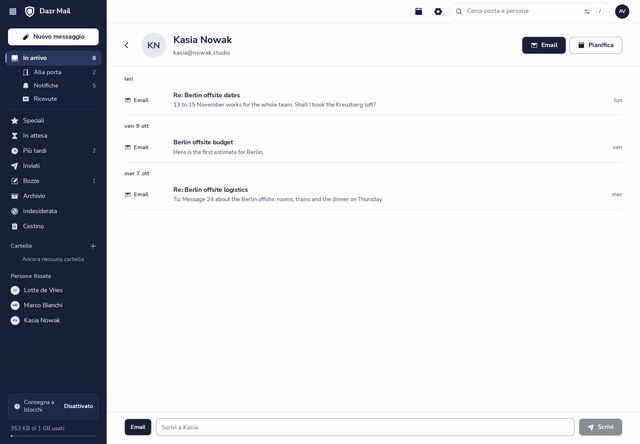 Una pagina persona in Dazr Mail: email e un invito con un collega, con i pulsanti per scrivere e pianificare
