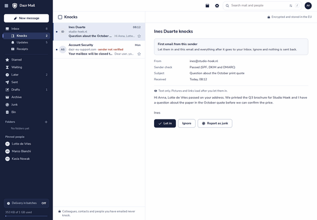 A first-time sender knocking: the sender check passed SPF, DKIM and DMARC, with Let in, Ignore and Report as junk