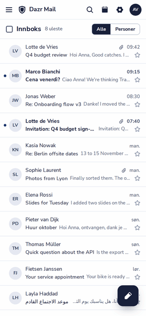 Innboksen i Dazr Mail på en telefon