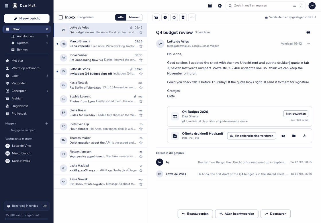 Dazr Mail met een gesprek open: drie berichten over een budgetbespreking, een live spreadsheet uit Dazr Files en een pdf