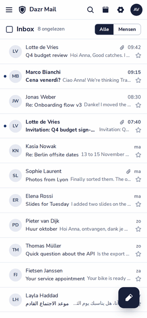 De inbox van Dazr Mail op een telefoon
