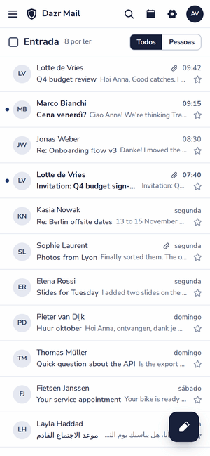 A caixa de entrada do Dazr Mail num telemóvel