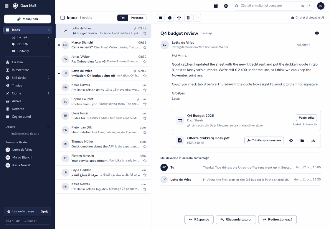 Dazr Mail cu o conversație deschisă: trei mesaje despre o analiză a bugetului, un tabel actualizat din Dazr Files și un PDF