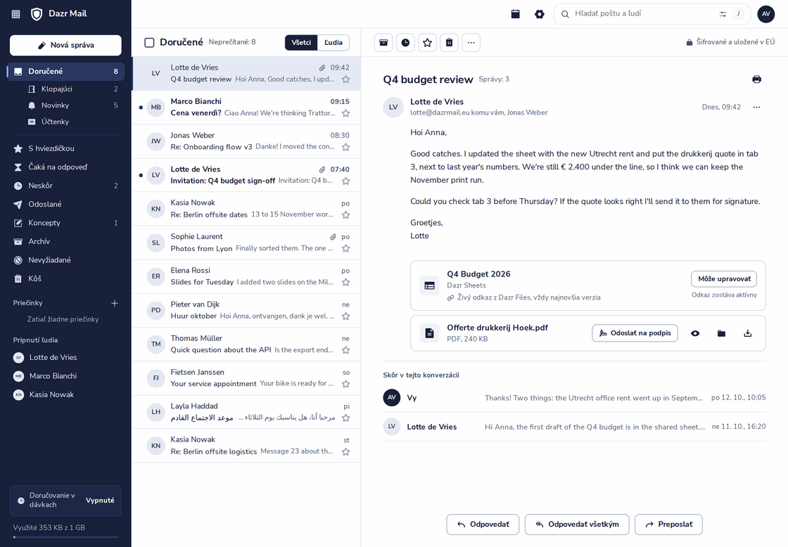 Dazr Mail s otvorenou konverzáciou: tri správy o kontrole rozpočtu, živá tabuľka z Dazr Files a PDF